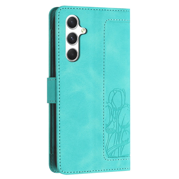 For Samsung Galaxy S25 5G Tulips Embossed Leather Phone Case with Lanyard(Green)