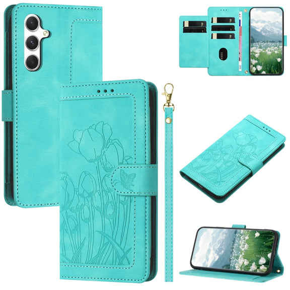 For Samsung Galaxy S25 5G Tulips Embossed Leather Phone Case with Lanyard(Green)