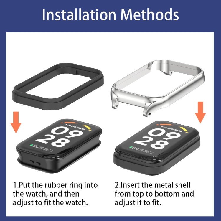 For Xiaomi Smart Band 9 Active / Redmi Band 3 Mijobs Metal Shell Marine Silicone Watch Band(khaki Grey Silver)