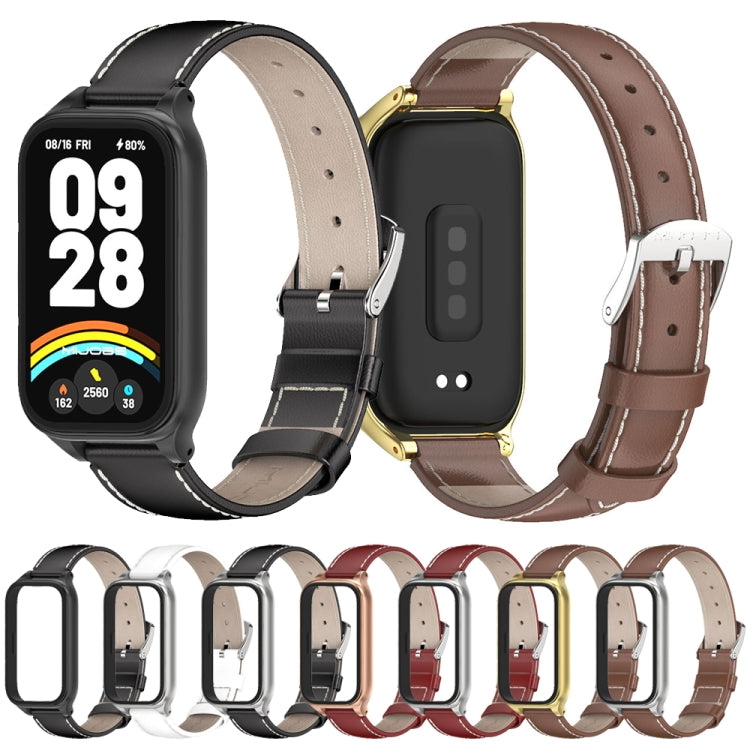 For Xiaomi Smart Band 9 Active / Redmi Band 3 Mijobs Metal Shell Genuine Leather Watch Band(Black Silver)