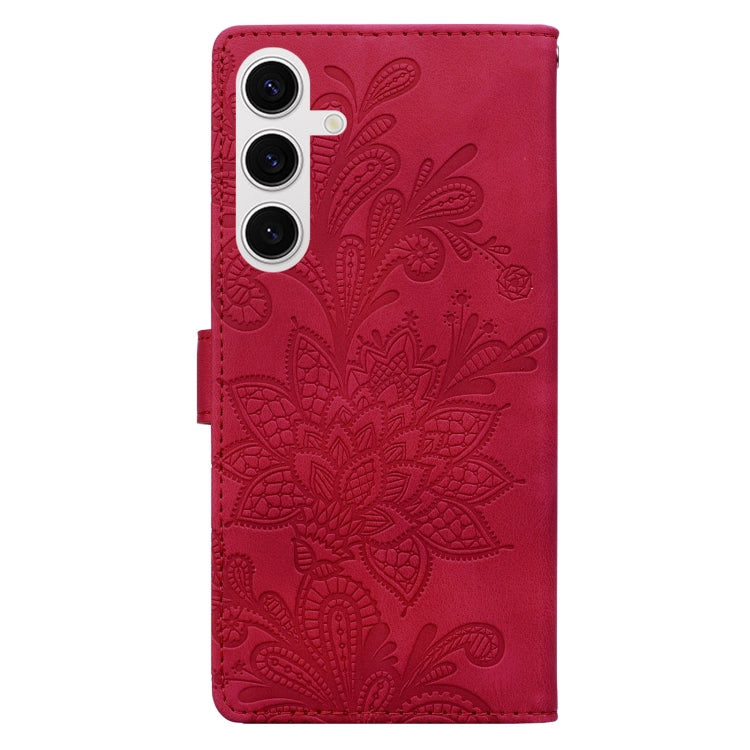 For Samsung Galaxy S25 5G Lace Floral Embossed Magnetic Buckle PU Phone Case With Wrist Strap(Red)