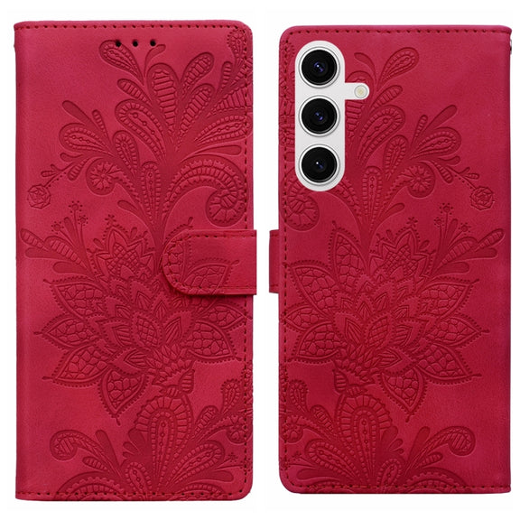 For Samsung Galaxy S25 5G Lace Floral Embossed Magnetic Buckle PU Phone Case With Wrist Strap(Red)