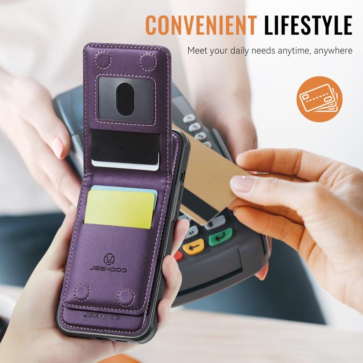 For iPhone 16e JEEHOOD J06 British Style RFID MagSafe Card Bag PU Phone Case(Purple)