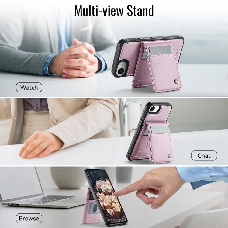 For iPhone 16e JEEHOOD J06 British Style RFID MagSafe Card Bag PU Phone Case(Pink)