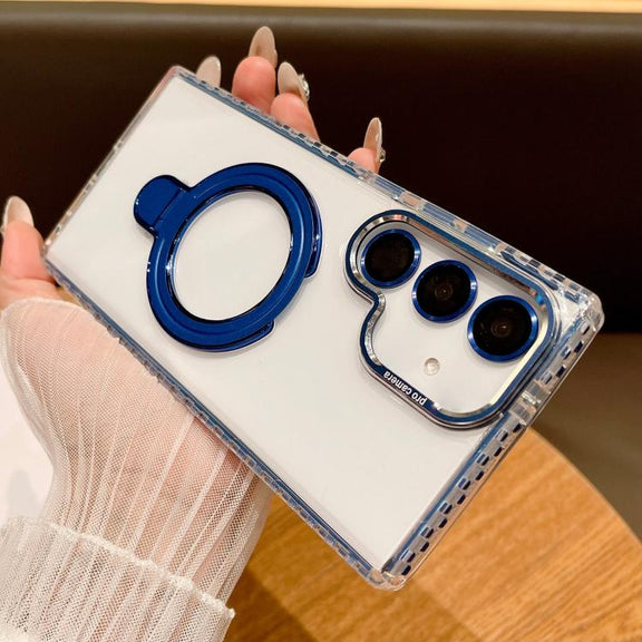 For Samsung Galaxy S25 5G Transparent MagSafe Holder Phone Case with Lens Film(Blue)