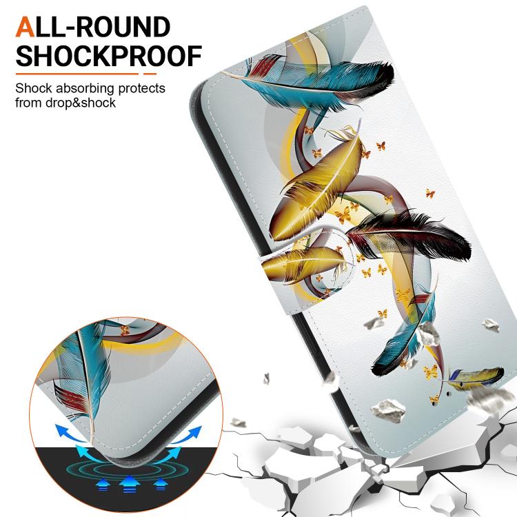 For iPhone 16e Crystal Texture Colored Drawing Leather Phone Case(Gold Butterfly Feathers)