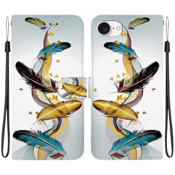 For iPhone 16e Crystal Texture Colored Drawing Leather Phone Case(Gold Butterfly Feathers)