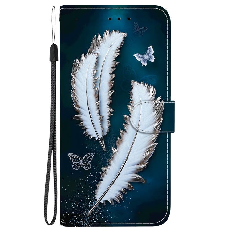 For iPhone 16e Crystal Texture Colored Drawing Leather Phone Case(White Butterfly Feathers)
