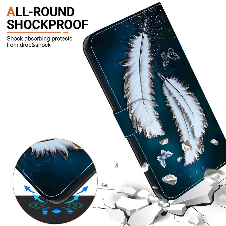 For iPhone 16e Crystal Texture Colored Drawing Leather Phone Case(White Butterfly Feathers)