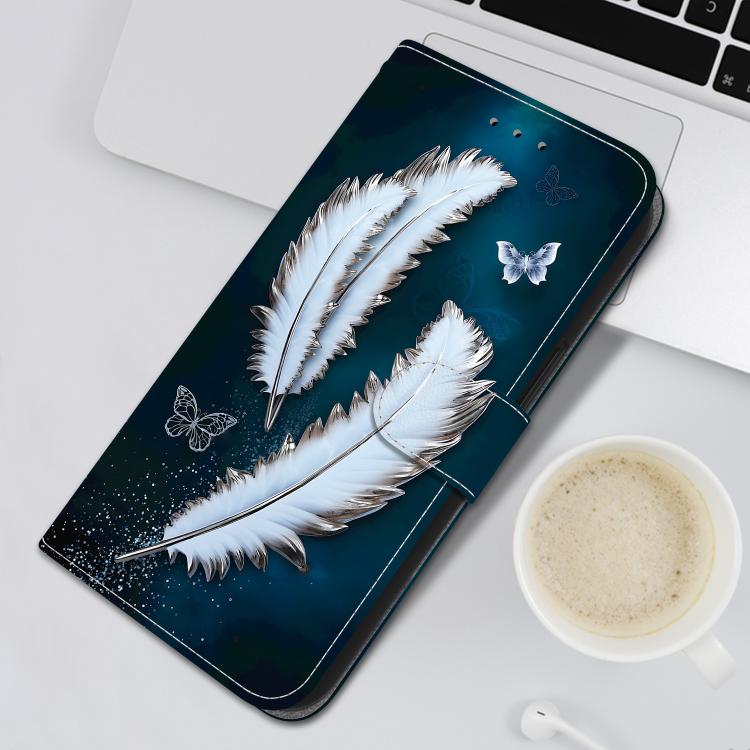 For iPhone 16e Crystal Texture Colored Drawing Leather Phone Case(White Butterfly Feathers)