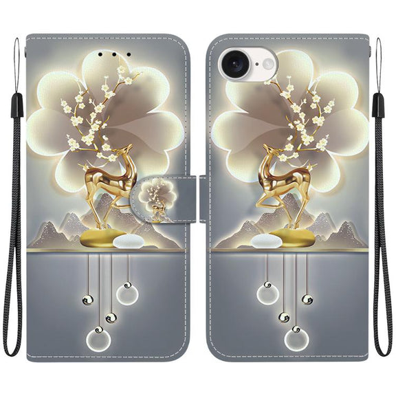 For iPhone 16e Crystal Texture Colored Drawing Leather Phone Case(Sika Deer)