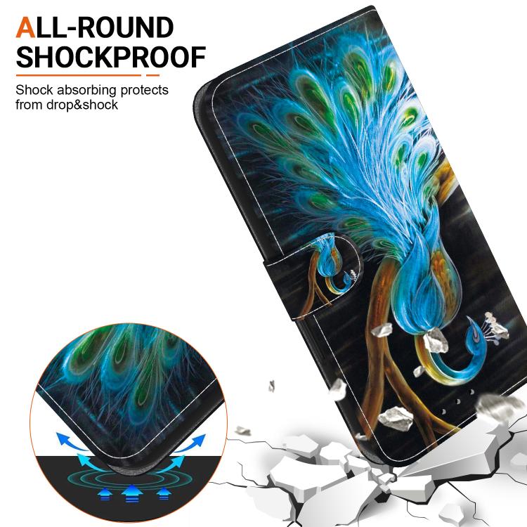 For iPhone 16e Crystal Texture Colored Drawing Leather Phone Case(Peacock)
