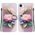 For iPhone 16e Crystal Texture Colored Drawing Leather Phone Case(Lotus) - iPhone 16e Cases by PMC TechLife | Online Shopping South Africa | PMC TechLife | Buy Now Pay Later Mobicred