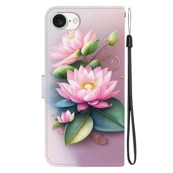 For iPhone 16e Crystal Texture Colored Drawing Leather Phone Case(Lotus)