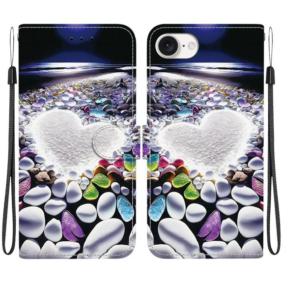 For iPhone 16e Crystal Texture Colored Drawing Leather Phone Case(Heart Shaped)