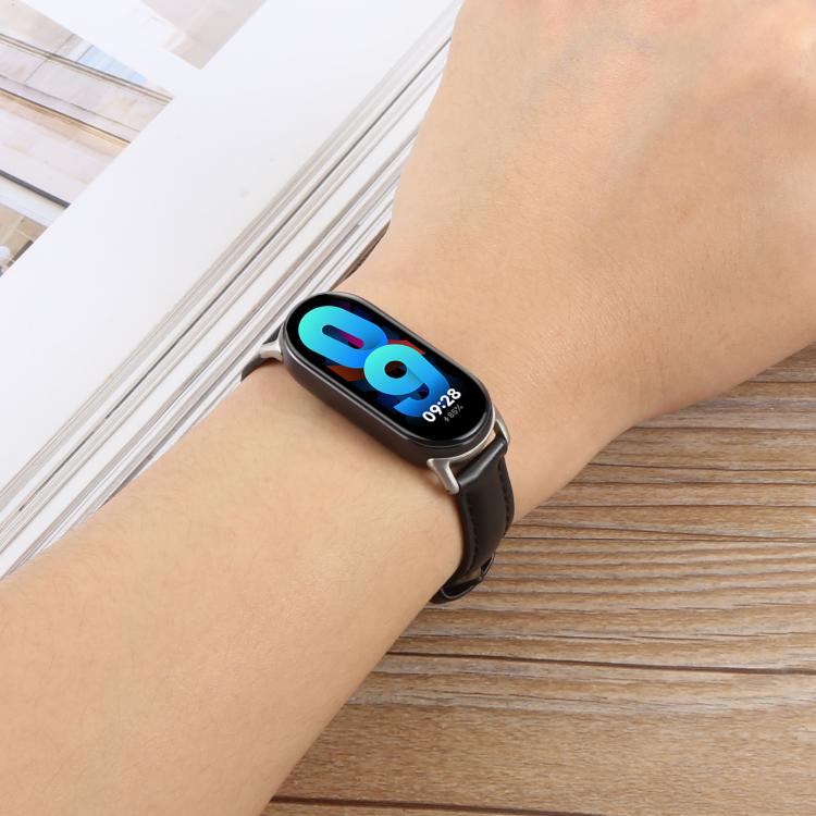 For Xiaomi Smart Band 9 / 8 Silver Metal Connector Genuine Leather Watch Band(Bamboo Joint Coffee)
