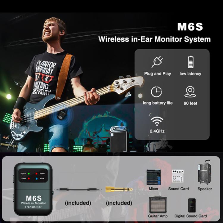 M6S Stereo Wireless In-Ear Monitor System 2.4G Transmitter & Receiver(Black)