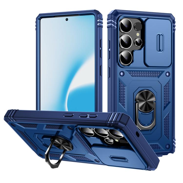 For Samsung Galaxy S25 Ultra 5G Sliding Camshield TPU Hybrid PC Phone Case with Holder(Navy Blue)