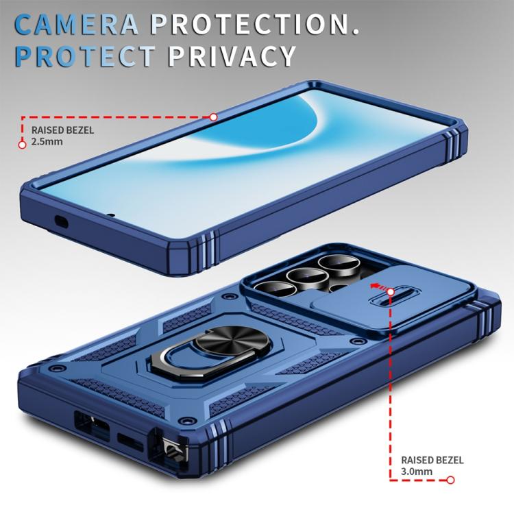 For Samsung Galaxy S25 Ultra 5G Sliding Camshield TPU Hybrid PC Phone Case with Holder(Navy Blue)