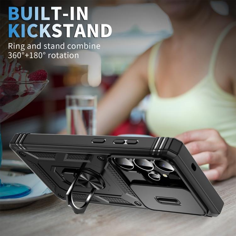 For Samsung Galaxy S25 Ultra 5G Sliding Camshield TPU Hybrid PC Phone Case with Holder(Black)