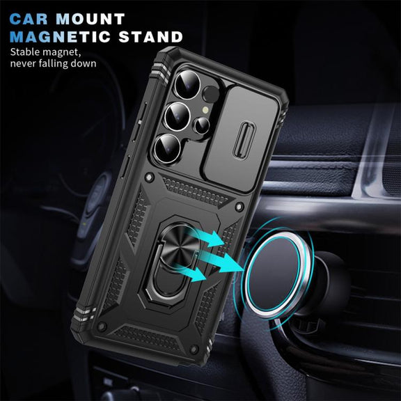 For Samsung Galaxy S25 Ultra 5G Sliding Camshield TPU Hybrid PC Phone Case with Holder(Black)