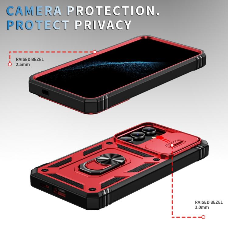 For Samsung Galaxy S25+ 5G Sliding Camshield TPU Hybrid PC Phone Case with Holder(Red+Black)