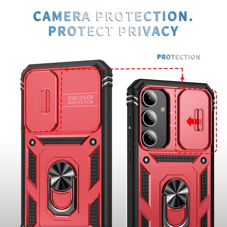 For Samsung Galaxy S25+ 5G Sliding Camshield TPU Hybrid PC Phone Case with Holder(Red+Black)