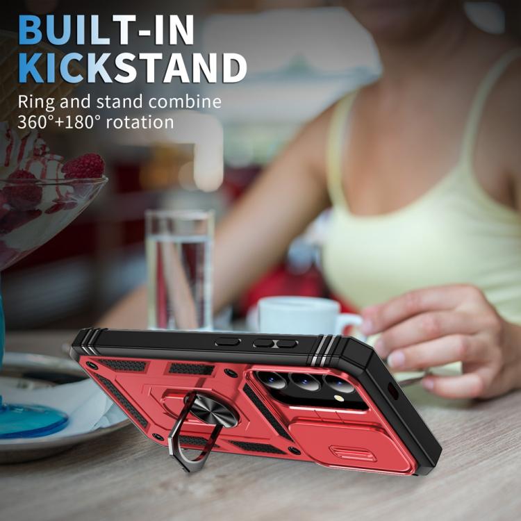 For Samsung Galaxy S25+ 5G Sliding Camshield TPU Hybrid PC Phone Case with Holder(Red+Black)