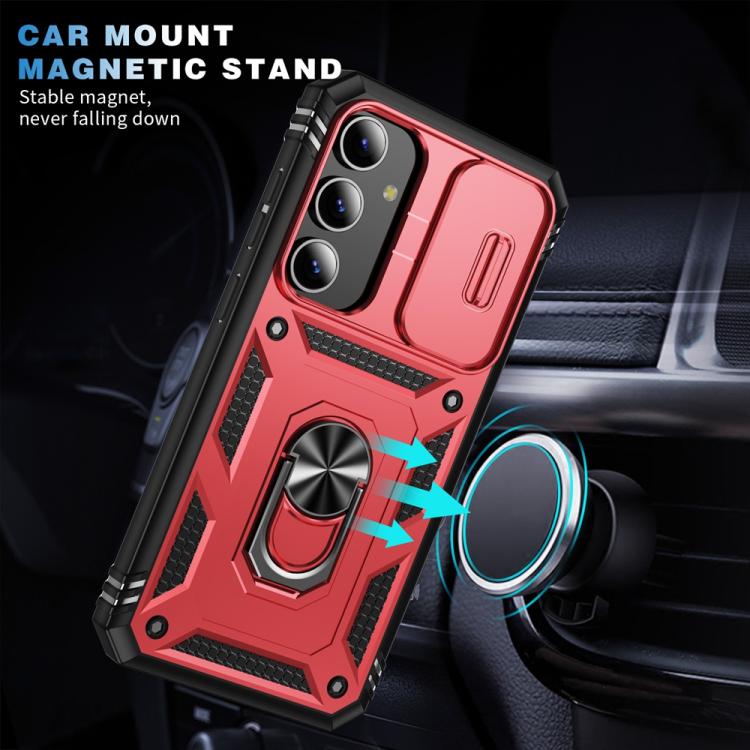 For Samsung Galaxy S25+ 5G Sliding Camshield TPU Hybrid PC Phone Case with Holder(Red+Black)