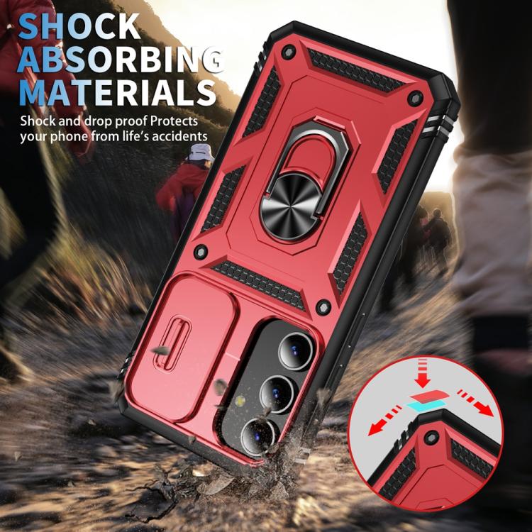 For Samsung Galaxy S25+ 5G Sliding Camshield TPU Hybrid PC Phone Case with Holder(Red+Black)