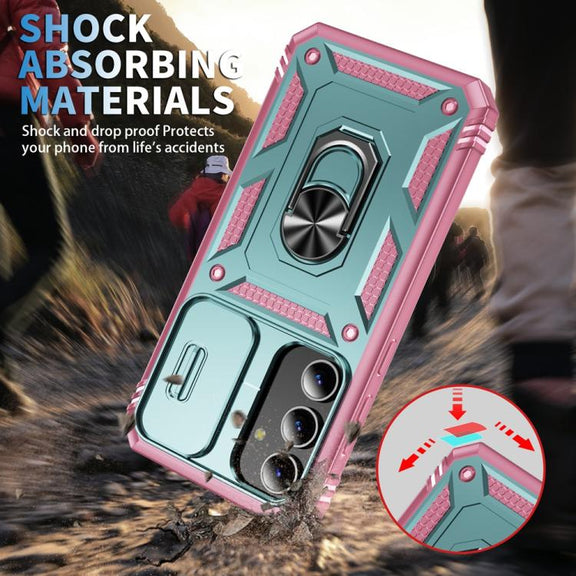 For Samsung Galaxy S25+ 5G Sliding Camshield TPU Hybrid PC Phone Case with Holder(Green+Pink)