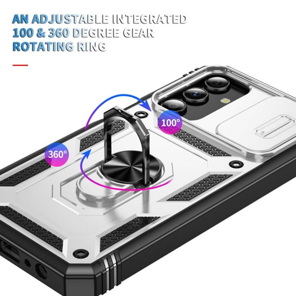 For Samsung Galaxy S25 5G Sliding Camshield TPU Hybrid PC Phone Case with Holder(White+Black)