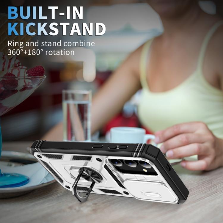 For Samsung Galaxy S25 5G Sliding Camshield TPU Hybrid PC Phone Case with Holder(White+Black)