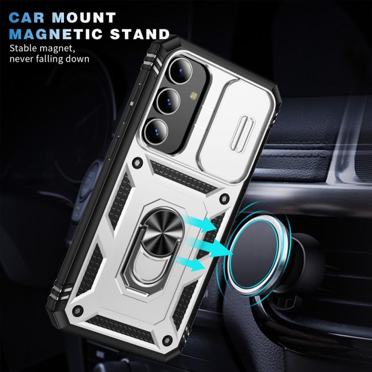 For Samsung Galaxy S25 5G Sliding Camshield TPU Hybrid PC Phone Case with Holder(White+Black)