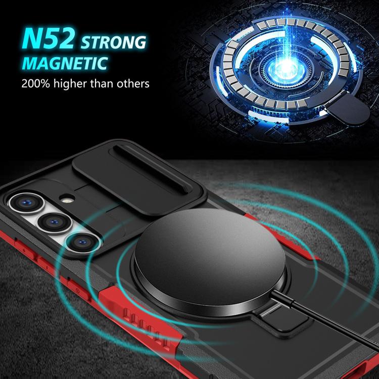 For Samsung Galaxy S25 5G Sliding Camshield MagSafe Holder TPU Hybrid PC Phone Case(Black Red)