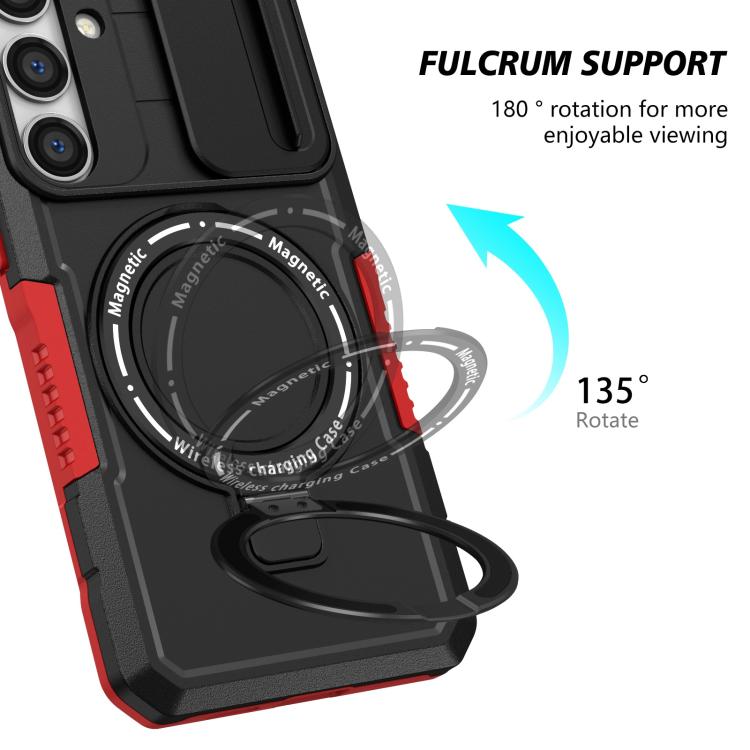 For Samsung Galaxy S25 5G Sliding Camshield MagSafe Holder TPU Hybrid PC Phone Case(Black Red)