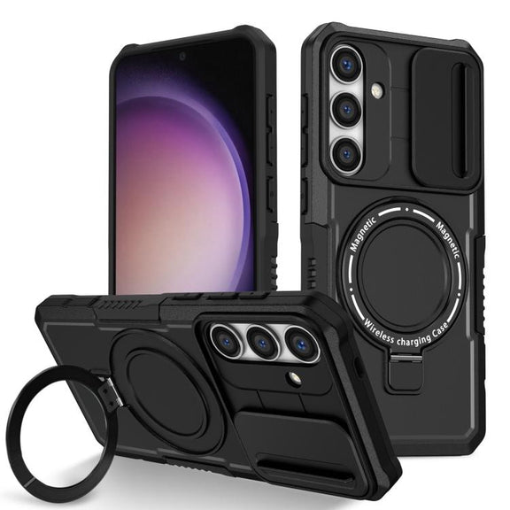 For Samsung Galaxy S25+ 5G Sliding Camshield MagSafe Holder TPU Hybrid PC Phone Case(Black)