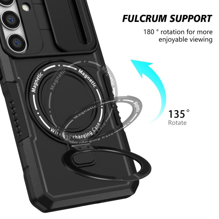 For Samsung Galaxy S25+ 5G Sliding Camshield MagSafe Holder TPU Hybrid PC Phone Case(Black)