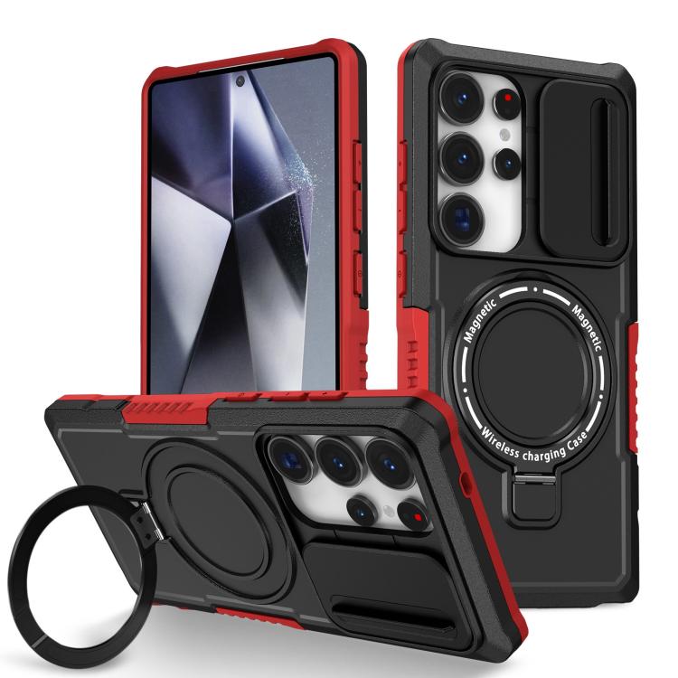For Samsung Galaxy S25 Ultra 5G Sliding Camshield MagSafe Holder TPU Hybrid PC Phone Case(Black Red)