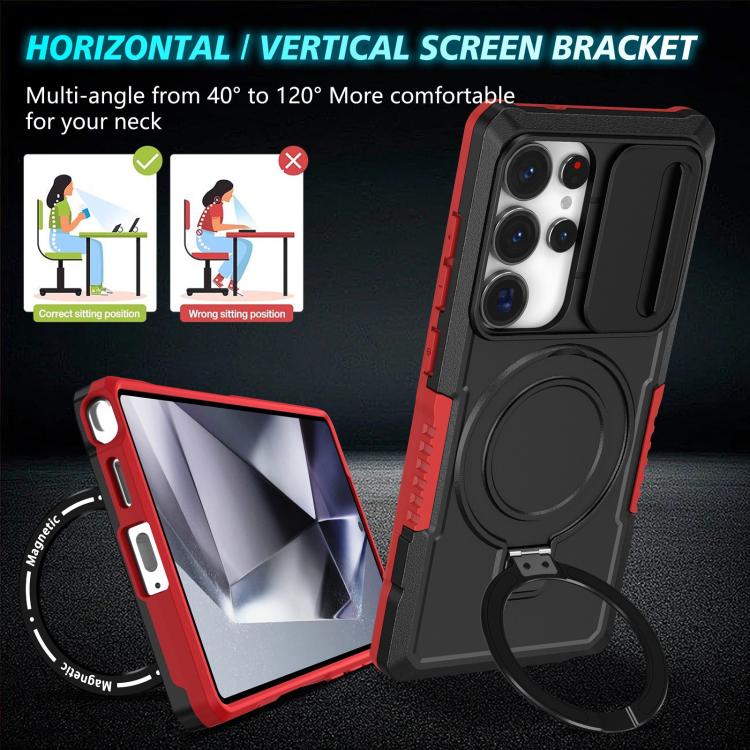 For Samsung Galaxy S25 Ultra 5G Sliding Camshield MagSafe Holder TPU Hybrid PC Phone Case(Black Red)