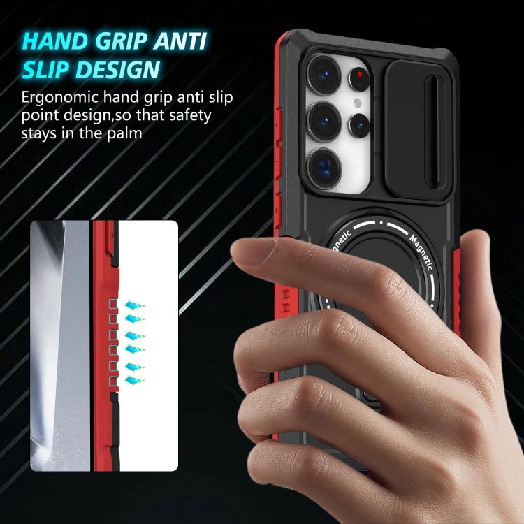 For Samsung Galaxy S25 Ultra 5G Sliding Camshield MagSafe Holder TPU Hybrid PC Phone Case(Black Red)