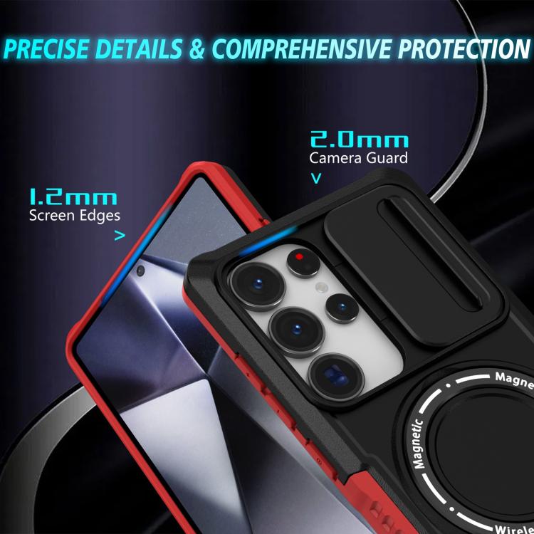 For Samsung Galaxy S25 Ultra 5G Sliding Camshield MagSafe Holder TPU Hybrid PC Phone Case(Black Red)