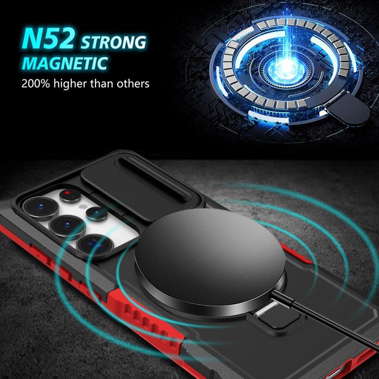 For Samsung Galaxy S25 Ultra 5G Sliding Camshield MagSafe Holder TPU Hybrid PC Phone Case(Black Red)