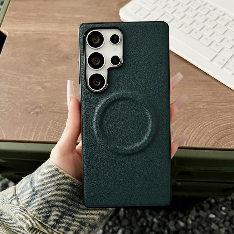 For Samsung Galaxy S25 Ultra 5G Magsafe Magnetic Plain Leather Phone Case(Dark Green)