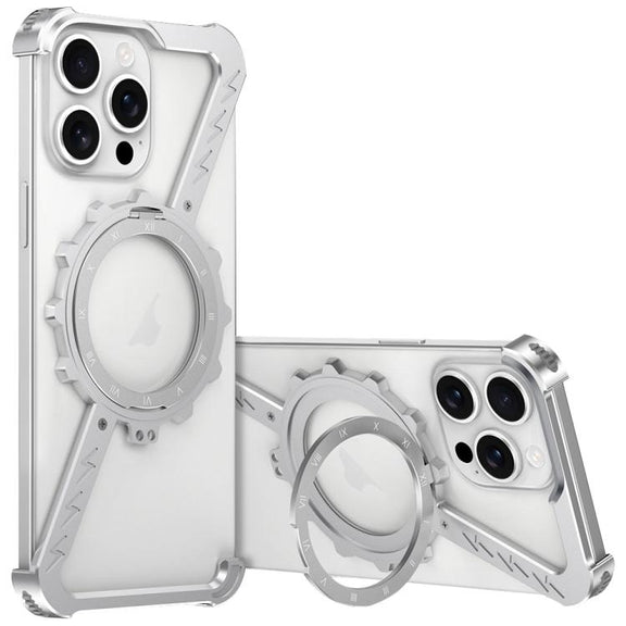 For iPhone 15 Pro Max Z-shaped Frameless Metal 360 Holder MagSafe Phone Case(Space Silver)