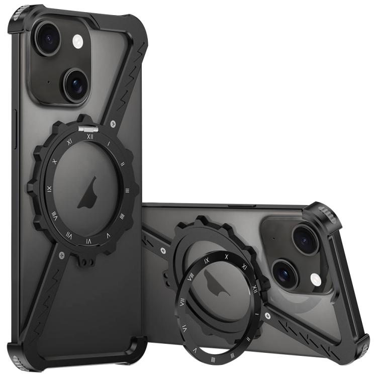 For iPhone 15 Z-shaped Frameless Metal 360 Holder MagSafe Phone Case(Black)