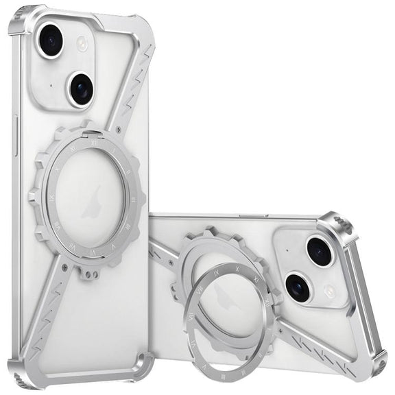 For iPhone 14 Z-shaped Frameless Metal 360 Holder MagSafe Phone Case(Space Silver)