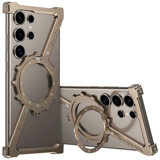 For Samsung Galaxy S23 Ultra 5G Z-shaped Frameless Metal 360 Holder MagSafe Phone Case(Desert Gold)