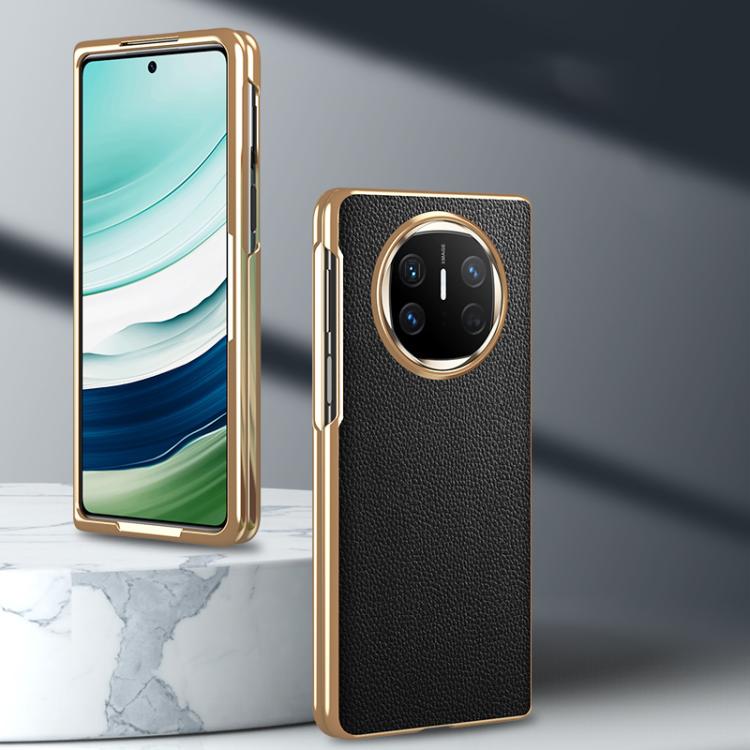 For Huawei Mate X6 Electroplated Litchi Pattern Phone Leather Case with Glass Lens(Coffee)