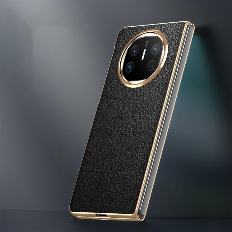 For Huawei Mate X6 Electroplated Litchi Pattern Phone Leather Case with Glass Lens(Coffee)